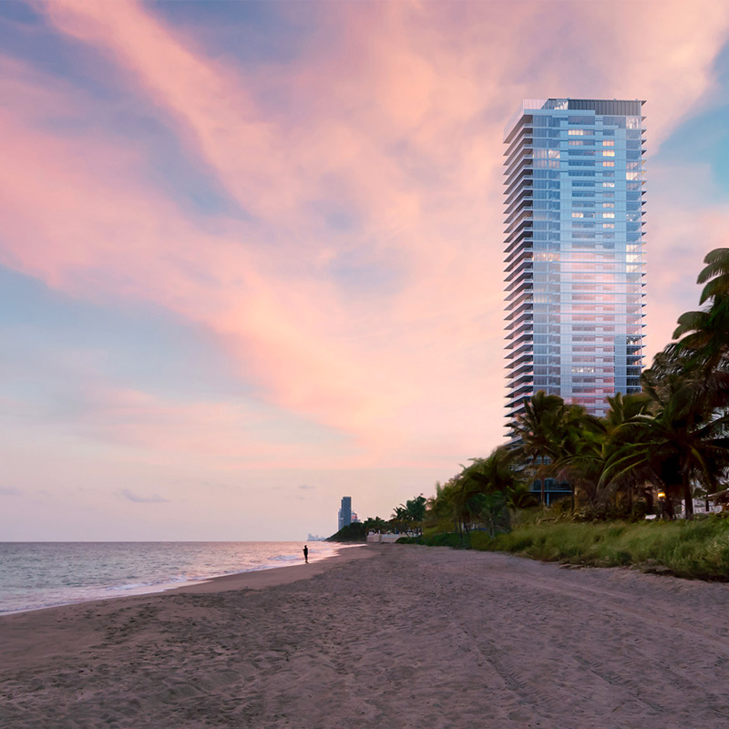 3D rendering sample of the exterior for 2000 Ocean condo at sunset.