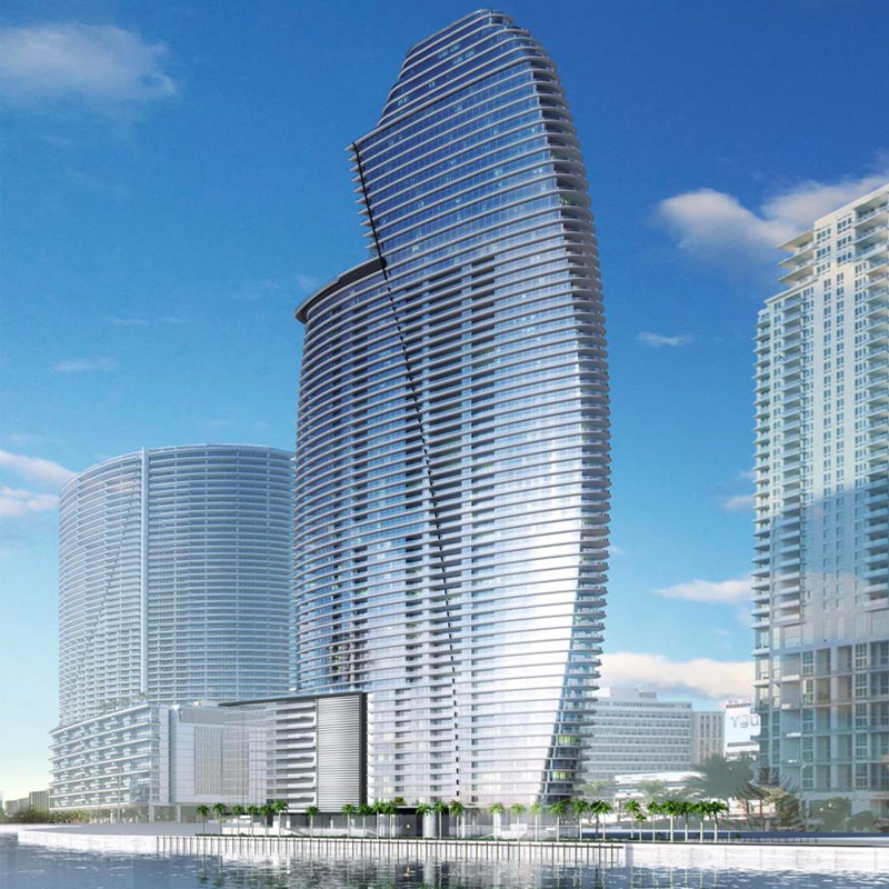 3D rendering view of Aston Martin Residences from the ocean..