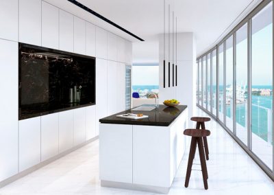 3D rendering sample of a whit modern kitchen design at Aston Martin Residences.