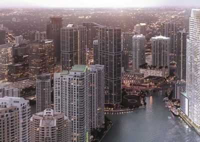 3D rendering sample of Aston Martin Residences' location in Downtown Miami at dusk.