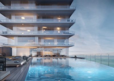 3D rendering sample of Aston Martin Residences' pool deck in the evening.