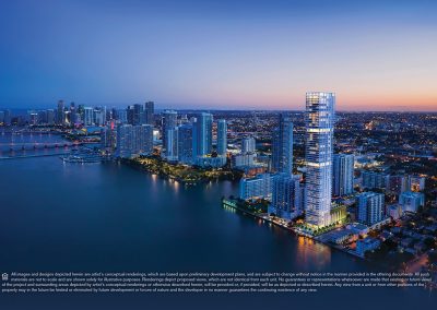 Aerial dusk photograph of Edgewater Miami showing a 3D rendering of Elysee Condo in its surroundings.