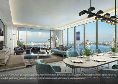 3D rendering sample of a living room and dining room design at Elysee condo.
