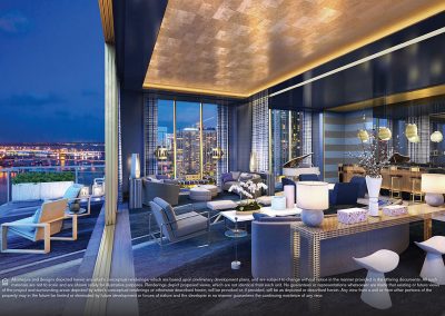 3D rendering sample at night of a large terrace and interior of a large living room at Elysee condo.