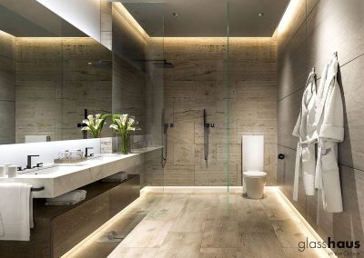 3D rendering sample of a modern bathroom design at GlassHaus condo.