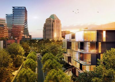 3D rendering of GlassHaus condo with neighboring buildings at sunset.