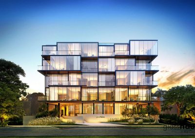 3D rendering sample of GlassHaus condo at dusk.