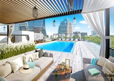 3D rendering sample of a cabana and pool at GlassHaus condo.