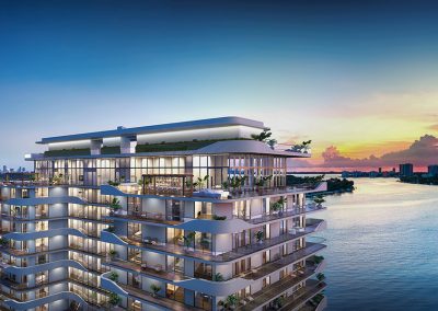 3D rendering sample of Monaco Yacht Club & Residences at dusk.