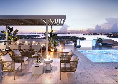 3D rendering sample of the pool deck at Monaco Yacht Club & Residences at dusk.